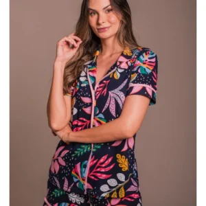 Conjunto Pijama Americano Curto 100% Algodão Adulto Feminino - MARINHO FLORAL