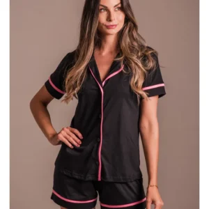 Conjunto Pijama Americano Curto 100% Algodão Adulto Feminino - PRETO FILETE ROSA NEON
