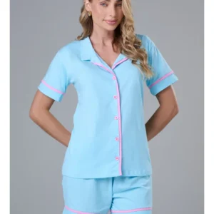 Conjunto Pijama Americano Curto 100% Algodão Adulto Feminino - AZUL BB