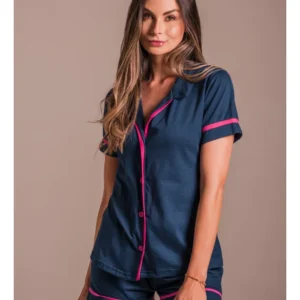 Conjunto Pijama Americano Curto 100% Algodão Adulto Feminino - MARINHO