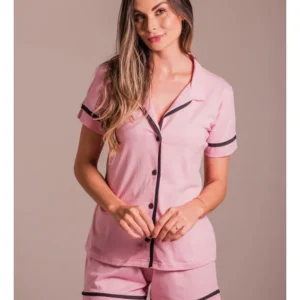 Conjunto Pijama Americano Curto 100% Algodão Adulto Feminino - CHICLETE