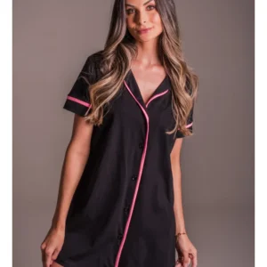 Camisola Americana Manga Curta 100% Algodão Adulto Feminino - PRETO