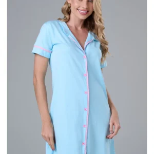 Camisola Americana Manga Curta 100% Algodão Adulto Feminino - AZUL BB