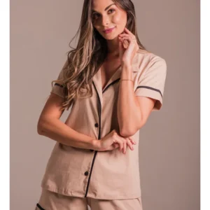 Conjunto Pijama Americano Curto 100% Algodão Adulto Feminino - NUDE