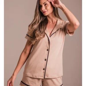 Conjunto Pijama Americano Curto 100% Algodão Adulto Feminino - NUDE