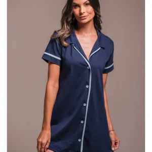 Camisola Americana Manga Curta 100% Algodão Adulto Feminino - MARINHO