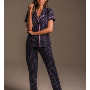 Conjunto Pijama Americano Longo 100% Algodão Adulto Feminino - MARINHO CORAÇÕES COLORIDOS