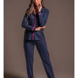Conjunto Pijama Americano Longo 100% Algodão Adulto Feminino - MARINHO