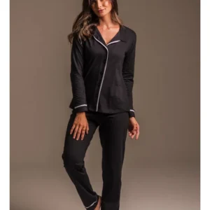 Conjunto Pijama Americano Longo 100% Algodão Adulto Feminino - PRETO