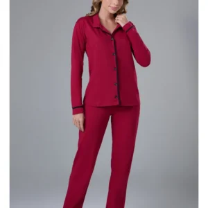 Conjunto Pijama Americano Longo 100% Algodão Adulto Feminino - MARSALA