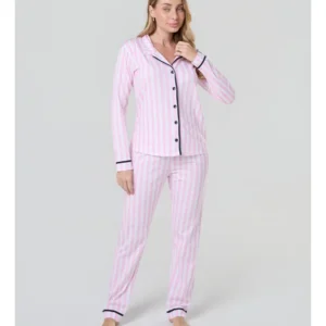 Conjunto Pijama Americano Longo 100% Algodão Adulto Feminino - LISTRA ROSA