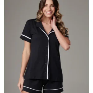 Conjunto Pijama Americano Curto 100% Algodão Adulto Feminino - PRETO FILETE BRANCO