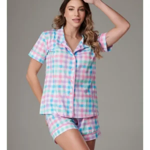 Conjunto Pijama Americano Curto 100% Algodão Adulto Feminino - XADREZ COLORIDO