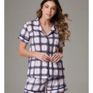 Conjunto Pijama Americano Curto 100% Algodão Adulto Feminino - XADREZ MARINHO CORAÇÃO