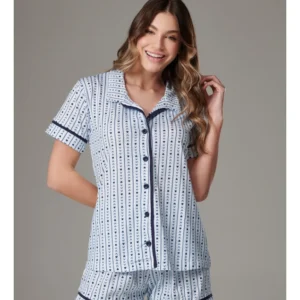 Conjunto Pijama Americano Curto 100% Algodão Adulto Feminino - BRANCO LISTRA AZUL BB