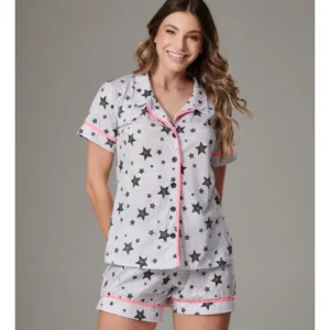 Conjunto Pijama Americano Curto 100% Algodão Adulto Feminino - MESCLA ESTRELAS
