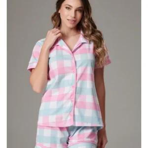 Conjunto Pijama Americano Curto 100% Algodão Adulto Feminino - XADREZ CHICLETE