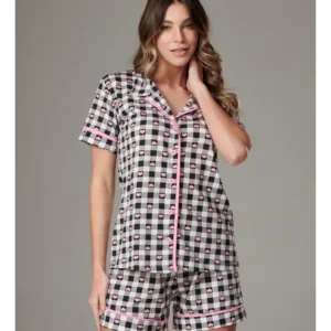 Conjunto Pijama Americano Curto 100% Algodão Adulto Feminino - XADREZ PRETO CORAÇÃO CHICLETE