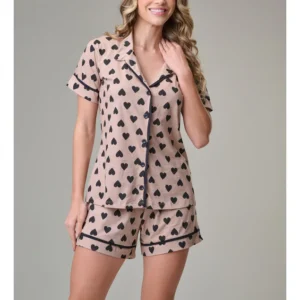 Conjunto Pijama Americano Curto 100% Algodão Adulto Feminino - NUDE CORAÇÃO PRETO