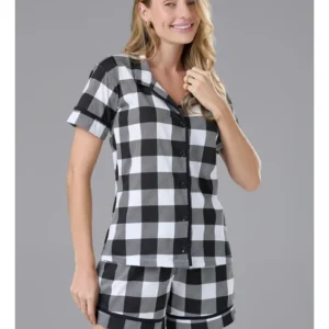 Conjunto Pijama Americano Curto 100% Algodão Adulto Feminino - XADREZ PRETO BRANCO