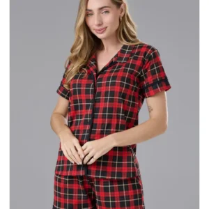 Conjunto Pijama Americano Curto 100% Algodão Adulto Feminino - XADREZ VERMELHO