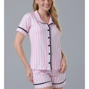 Conjunto Pijama Americano Curto 100% Algodão Adulto Feminino - LISTRA ROSA