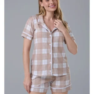 Conjunto Pijama Americano Curto 100% Algodão Adulto Feminino - XADREZ NUDE