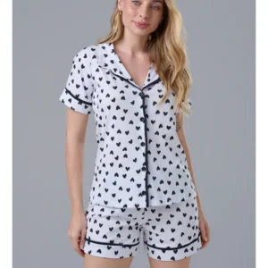 Conjunto Pijama Americano Curto 100% Algodão Adulto Feminino - BRANCO CORAÇÃO PRETO