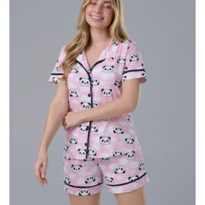 Conjunto Pijama Americano Curto 100% Algodão Adulto Feminino - PANDA ROSA