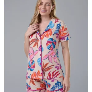 Conjunto Pijama Americano Curto 100% Algodão Adulto Feminino - NUDE FLORAL COLORIDO
