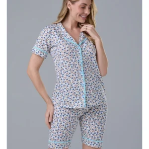 Conjunto Pijama Americano Curto 100% Algodão Adulto Feminino - MARFIM FLORZINHA AZUL