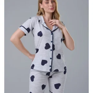 Conjunto Pijama Americano Curto 100% Algodão Adulto Feminino - MESCLA CORAÇÃO MARINHO