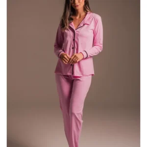 Conjunto Pijama Americano Longo 100% Algodão Adulto Feminino - CHICLETE