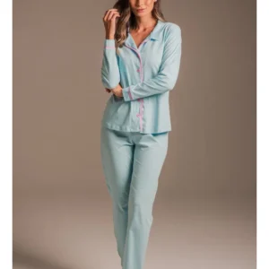 Conjunto Pijama Americano Longo 100% Algodão Adulto Feminino - AZUL BB