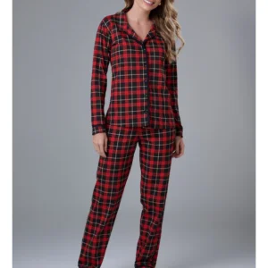 Conjunto Pijama Americano Longo 100% Algodão Adulto Feminino - XADREZ VERMELHO