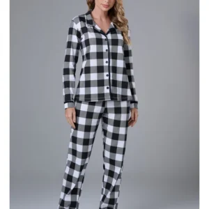 Conjunto Pijama Americano Longo 100% Algodão Adulto Feminino - XADREZ PRETO BRANCO