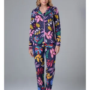 Conjunto Pijama Americano Longo 100% Algodão Adulto Feminino - FLORAL MARINHO