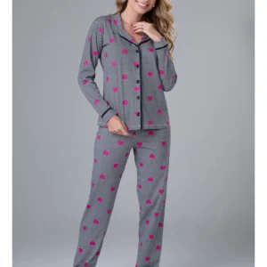 Conjunto Pijama Americano Longo 100% Algodão Adulto Feminino - XADREZ PIED DE POULE CORAÇÃO