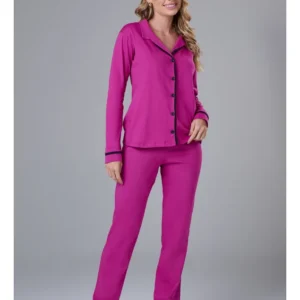 Conjunto Pijama Americano Longo 100% Algodão Adulto Feminino - FUCSIA