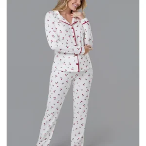 Conjunto Pijama Americano Longo 100% Algodão Adulto Feminino - MARFIM CEREJA