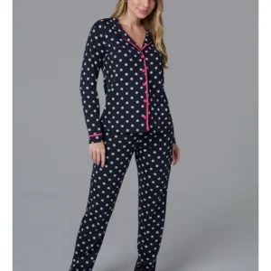 Conjunto Pijama Americano Longo 100% Algodão Adulto Feminino - PRETO POÁ