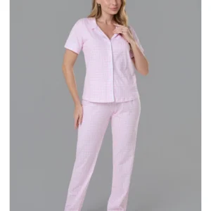 Conjunto Pijama Americano Manga Curta e Calça 100% Algodão Adulto Feminino - XADREZ VICHY ROSA