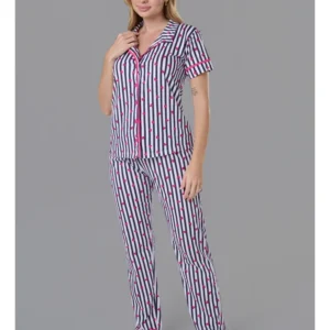 Conjunto Pijama Americano Manga Curta e Calça 100% Algodão Feminino - LISTRA MARINHO CORAÇÃO PINK