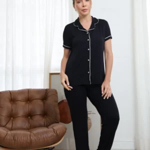 PIJAMA LONGO AMERICANO LAUREN - PRETO C/ BEGE